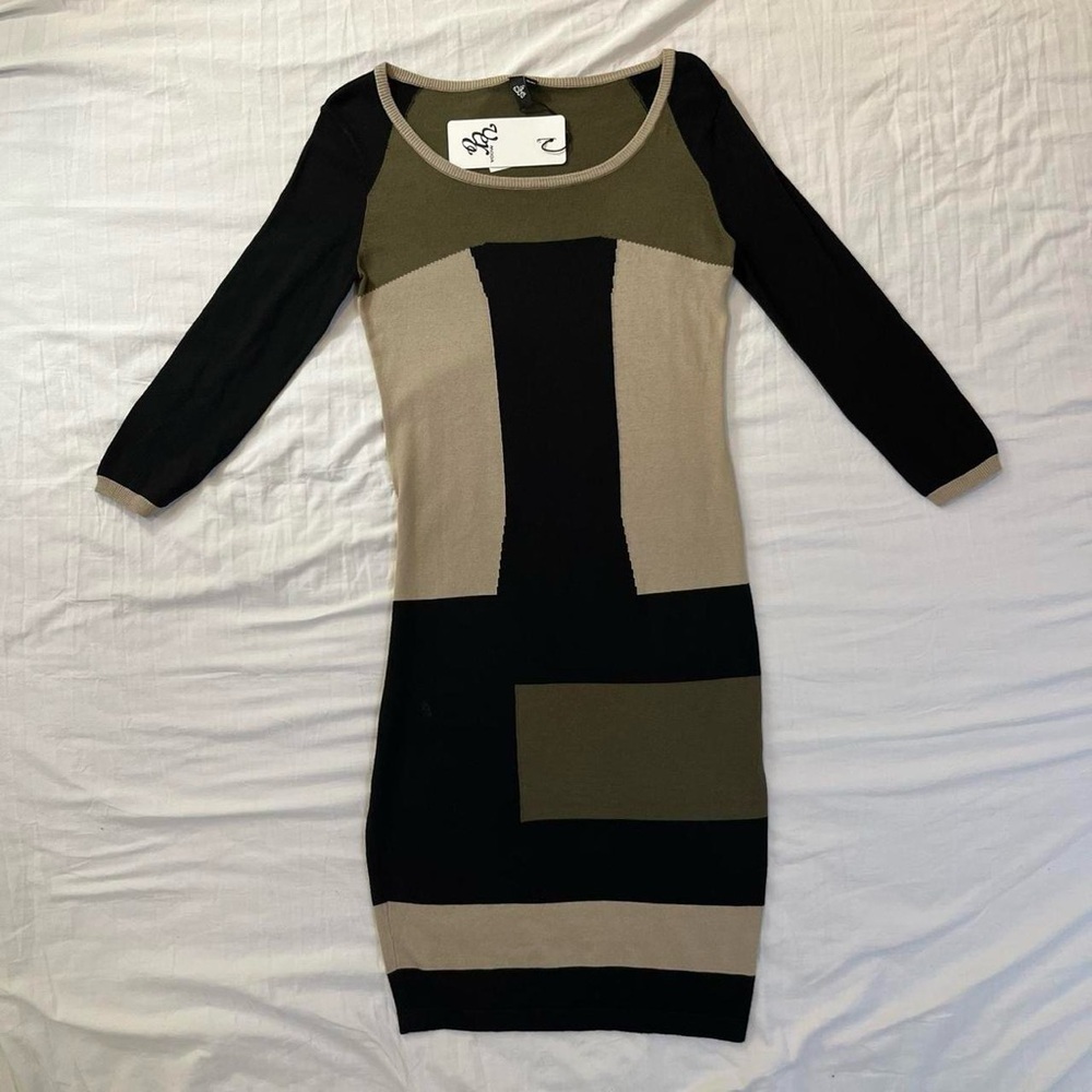 Olive Green, Black, and Beige Color Block Dress New With Tags Long Sleeves
